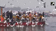 President Murmu feeds migratory birds at Triveni Sangam