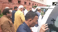 Union Defence Minister Rajnath Singh leaves Parliament