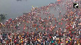 Drone Visuals Massive crowd at Triveni Sangam in Prayagraj for Maha Kumbh 2025