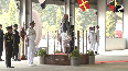 CNS Dinesh Tripathi welcomes Defence Minister Rajnath Singh at INS Hansa in Goa