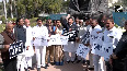 Adani row Opposition protests outside Gandhi statue in Parliament