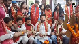 LJP (RV) leader Chirag Paswan offers prayers at Baba Ygeshwarnath Dham with his party candidates