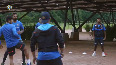 India players warm up with a game of footvolley