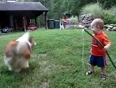 Baby and dog play with hose