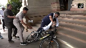 DK Shivakumar falls off bicycle in Vidhana Soudha in Bengaluru
