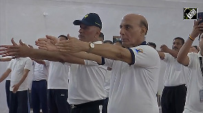 Rajnath Singh performs Yoga Asanas on the occasion of International Yoga Day