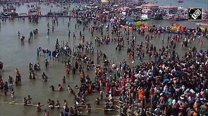 Drone visuals from the Ghats of Triveni Sangam as people continue to take a holy dip