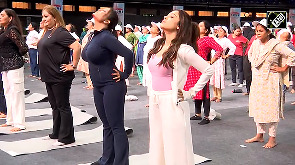 Amruta Fadnavis, Nushrratt Bharuccha perform yoga