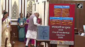 PM Modi casts 1st vote for the Vice-Presidential election at the Parliament