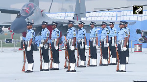 Indian Air Force displays might during Air Force Day celebrations at Hindon Airbase