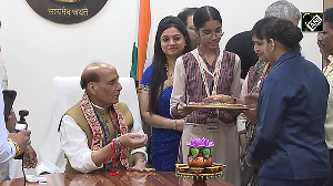 Women tie Rakhis to Raksha Mantri Rajnath Singh on Raksha Bandhan