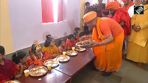 Yogi Adityanath performs Kanya Pujan at Gorakhpur temple