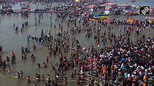 Drone visuals from the Ghats of Triveni Sangam as people continue to take a holy dip