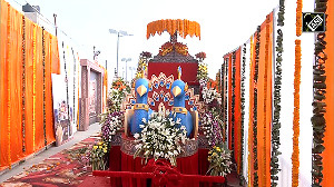 Huge Pushpak Vimaan decorated with flowers on display in Ayodhya