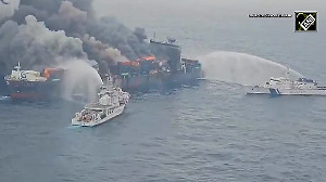 Watch: Cargo ship on fire off Kerala, Coast Guard sprays water