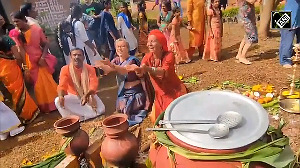 Foreigners dressed in Indian attire celebrate Pongal in Villupuram