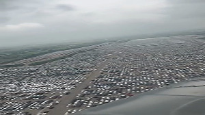 Aerial view of the stockyard of Maruti Suzuki in Gujarat