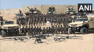 Rajnath Singh interacts with jawans at the Longewala Border in Jaisalmer